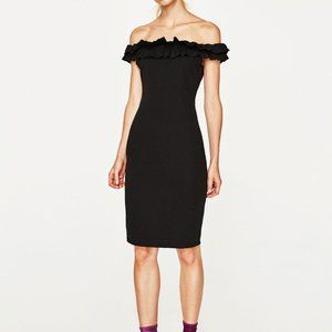 NWOT ZARA BLACK OFF SHOULDER RUFFLE BODYCON DRESS